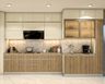 Contemporary Parallel Kitchen Design with Glass Front Units and Marble Backsplash