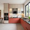 Rose Pink and Grey L Shaped Kitchen Design with Granite Countertop