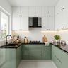 Aqua Green and White U Shaped Kitchen Design with Herringbone Backsplash