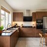 L Shaped Walnut Bronze Kitchen Design with Subway Tiles