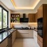 Walnut and Cream U Shaped Kitchen Design with Handleless Cabinets