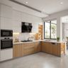 Wood and White L Shaped Kitchen Design with Marble Countertops