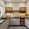 U-Shaped Kitchen Design with Beige and Grey Cabinets and Woven Basket Storage