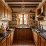 U Shaped Kitchen Design with Terracotta Floors and Wooden Beams