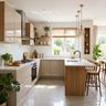 U Shaped Kitchen Design with Irish Cream Cabinets and Bar Stools