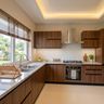 Walnut and Subway Tile L Shaped Kitchen Design with Steel Sink