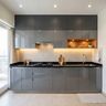 Open Kitchen Design with Grey Glossy Cabinets and Wooden Shelf