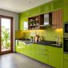 Open Kitchen Design with Lime Cabinets and Wooden Accents