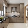 L-Shaped Kitchen Design with Cappuccino Glossy Cabinets and Black Granite Countertop