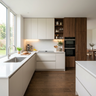 L-Shaped Kitchen Design with Champagne Cabinets and Dark Wood