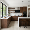 Island Kitchen Design with Dark Wood Island and White Counter