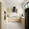 U Shaped Kitchen Design with Ivory Cabinets and Black Hood