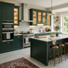 Island Kitchen Design with Emerald Cabinets and Marble Island