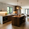 Island Kitchen Design with Walnut Cabinets and Wooden Island