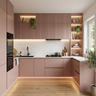 U Shaped Kitchen Design with Pink Ribbed Cabinets and Marble Backsplash