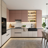 L Shaped Kitchen Design with Light Beige and Pink Fluted Cabinets