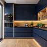 Modern L-Shaped Kitchen Design with Navy Blue and Oak Wood Storage