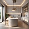 Contemporary Island Kitchen Design with Matte Finish Walnut Cabinets