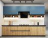 Blue and Natural Oak Parallel Kitchen Design with Granite Countertops