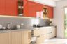 Straight Kitchen Design with Terracotta Red and Walnut Finish