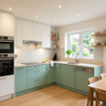 L Shaped Kitchen Design with Aqua Green and White Cabinets and Patterned Tiles