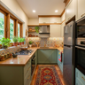 Sage Green and White Classic U-Shaped Kitchen Design with Patterned Tile Backsplash
