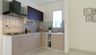 Light Beige and Kingfisher Blue L-Shaped Kitchen Design with Quartz Top