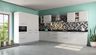 L-Shaped Kitchen Design with White and Teal Walls and Geometric Backsplash