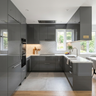 Slate Grey Modern U Shaped Kitchen Design with Marble Countertops