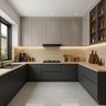 U-Shaped Kitchen Design with Charcoal Black and Acacia Flutes