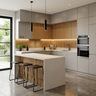 Island Kitchen Design with Beige Cabinets and Slatted Wood Island