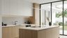 Minimal Walnut and White Island Kitchen Design with Quartz Top