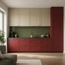 Burgundy and Greige Straight Kitchen Design with Green Tile Backsplash