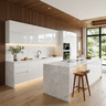 Modern Island Kitchen Design with High Gloss White Cabinetry anfd Quartz Top
