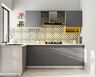 L-Shaped Kitchen Design with Steel Cabinets and Quatrefoil Backsplash