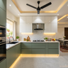 Modern L Shaped Sage Green and White Kitchen Design with Glossy Cabinets
