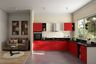L-Shaped Kitchen Design with Cardinal Red and Grey Cabinets