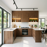 U Shaped Kitchen Design with Walnut Bronze Cabinets and Bar