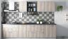 Straight Kitchen Design with Light Woodgrain Cabinets and Graphic Backsplash