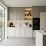 Modern Open Kitchen Design with Rustic Shelving and Patterned Backsplash