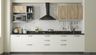 Straight Kitchen Design with Off White Cabinets and Wood Accents