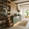 Sage Green and Walnut Bronze Open Kitchen Design with Granite Top