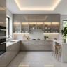 Cream U Shaped Modern Kitchen Design with Fluted Glass Cabinets