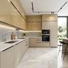 L-Shaped Metallic Beige Kitchen Design with Marble Floors
