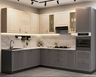 Grey and Oak L-Shaped Kitchen Design with Geometric Backsplash