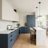 Wave Blue and White Island Kitchen Design with Marble Island