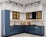 L-Shaped Kitchen Design with Steel Blue and White Cabinets