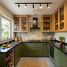 U Shaped Kitchen Design with Sage Green and Patterned Backsplash