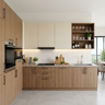 Walnut and White Contemporary Kitchen Design with Geometric Chevron Tile Backsplash