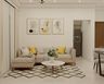 Scandinavian Living Room Design with Soft Beige Sectional Sofa Setup and Marble Top Table